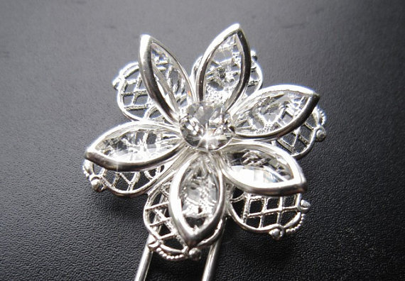 Mariage - Mia Hair Pin - Bridal Swarovski Crystal Rhinestone Flower Filigree Silver Wedding Jewelry Accessories