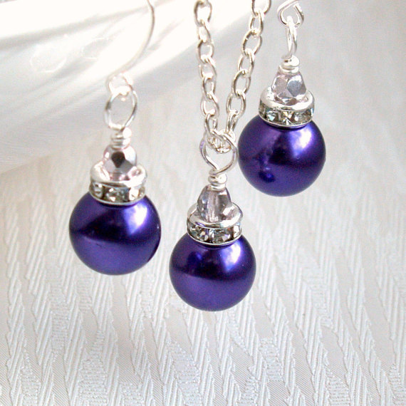 Wedding - Dark Purple Necklace, Set of Necklace & Earring, Bridesmaid Gift Set, Purple Jewelry, Rhinestone Bridesmaid Jewelry, Bridal party Favors