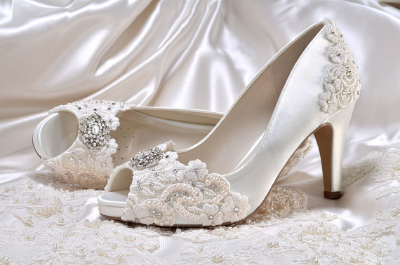 زفاف - Wedding Shoes - Custom 250 Color Choices- PBP  Vintage Wedding Lace Peep Toe 3" Heels, Women's Bridal Shoes