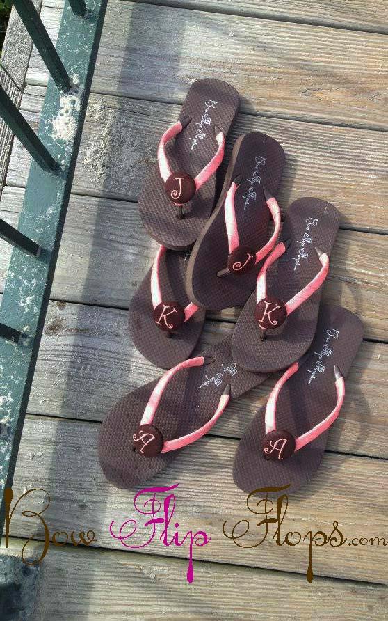 Wedding - Bridesmaid Flip Flops Wedding Bow monogrammed personalized initial bridal party flower girl sandals name pedicure gift beach shoes monogram
