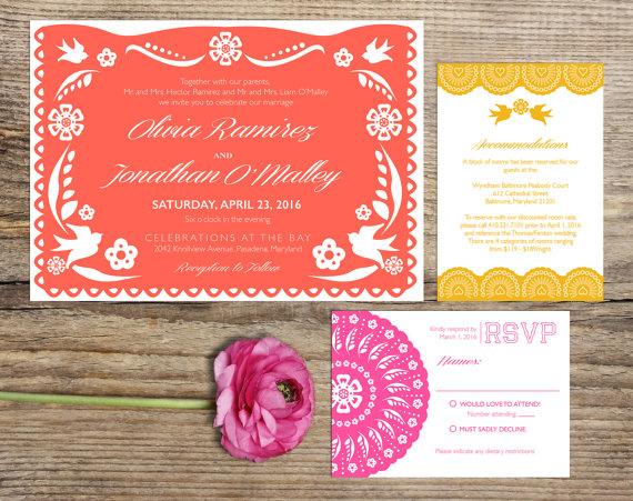 Wedding - Papel Picado Fiesta Wedding Invitation Suite, Custom Printable Card or Printed Set, Mexican Themed Modern Pattern, Coral, Pink, Sunflower