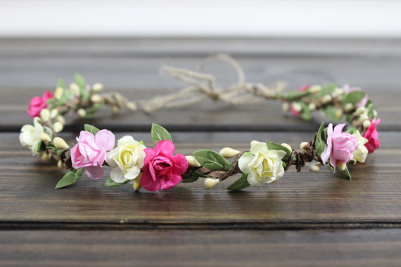 Wedding - Ivory Rose Flower Crown, Wedding Crown, Rustic Wedding, Flower Girl Crown, Wedding Headband, Bridal Crown, Pretty, Pink, Girls Flower Crown