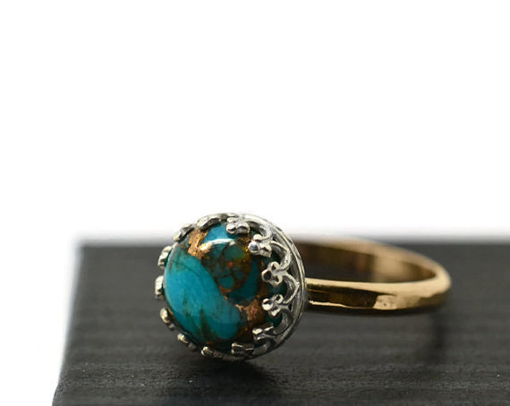 زفاف - Copper Turquoise Ring, 14K Gold Fill Ring, Engagement Ring, 8mm Gemstone Ring, Turquoise and Gold Jewelry