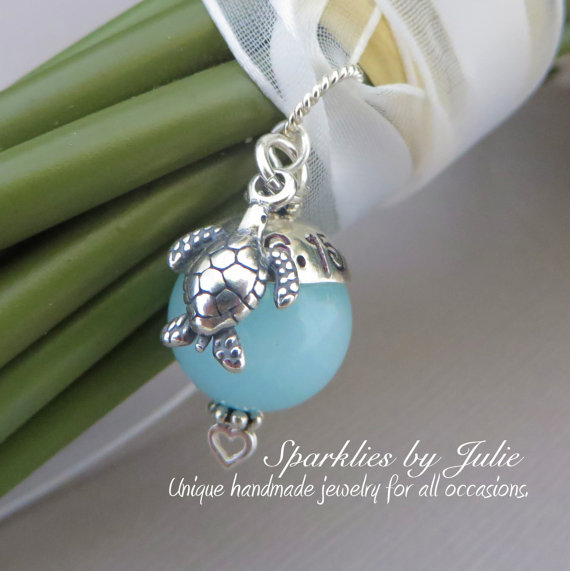 Hochzeit - Something Blue Bouquet Charm - NAUTICAL EDITION, Aqua Chalcedony Gemstone, Personalized, Turtle or Sand Dollar Charm, Bridal, Wedding