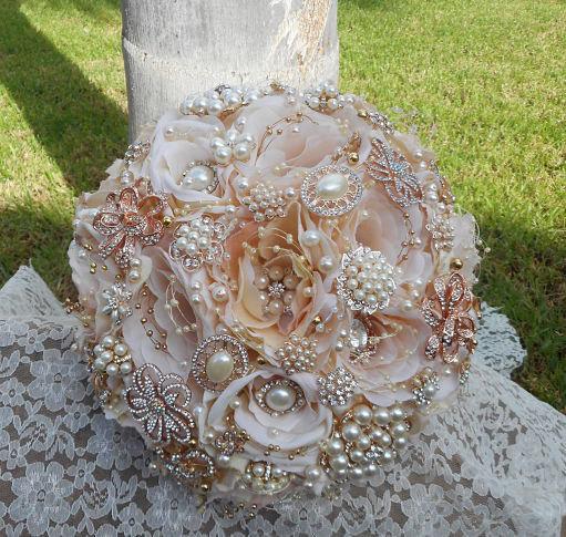 Hochzeit - Blush pink Bridal brooch Bouquet-  DEPOSIT for a Custom Blush Pink Gold and Rose Gold Brooch Bouquet, brooch Bouquet,full price 485