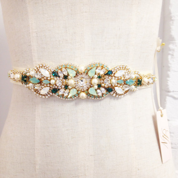 زفاف - Opal Gold and Emerald Green Bridal Belt- Mint Wedding- Swarovski Crystal Bridal Sash- One-of-a-Kind Hand-Beaded -Vintage Glamour