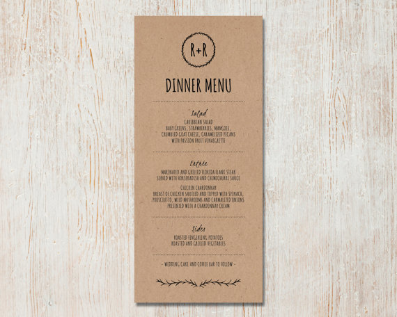 Свадьба - Rustic Wedding Menu - DIY Kraft Paper Menu - Black on Kraft - Country Wedding, Laurel Wreath - Printable Digital Wedding Menu