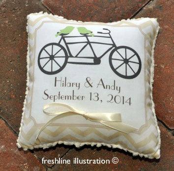 Свадьба - Ring Bearer Pillow - Love Bird Pillow - Tandem Bike - Bicycle Pillow - Love Birds Chevron -Customize to your Wedding