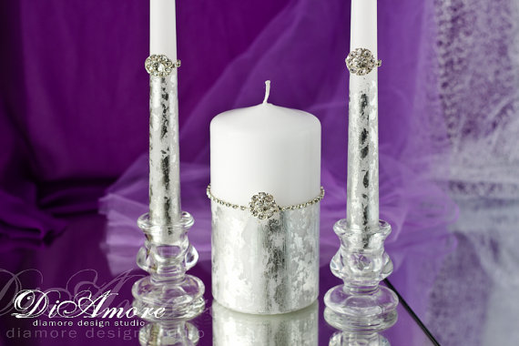 Mariage - Pearl and silver painted handmade Wedding Unity Candlecustom colorSilver Metal Weddingpersonalization unity candle set Crystal3pcs
