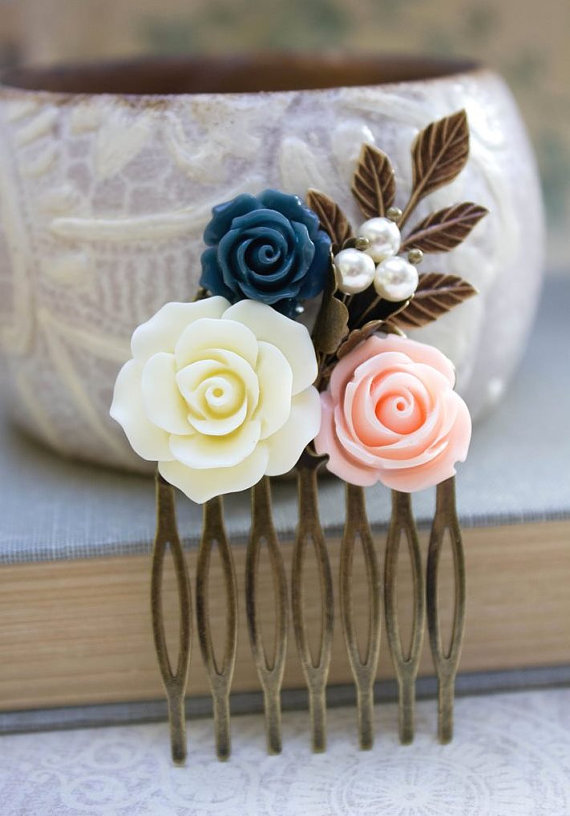 زفاف - Flower Hair Comb, Wedding Hair Accessories, Floral Collage Comb, Ivory Cream Rose, Pearls Branch Leaf Leaves Pink Peach Rose Navy Blue