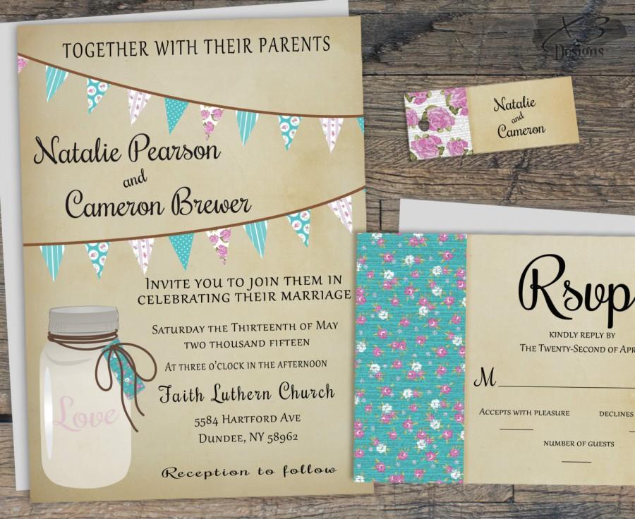 Hochzeit - Printable Rustic Wedding Invitation, Mason Jar Wedding Invitation, Summer Barn Wedding Invite w/ Bunting Flags, Backyard Country Wedding