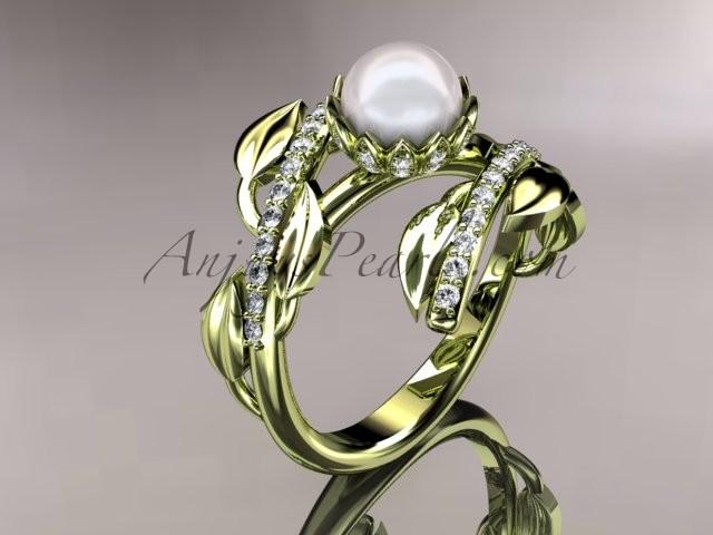 Wedding - 14kt yellow gold diamond pearl engagement ring AP287
