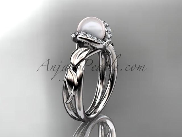 Wedding - 14kt white gold diamond pearl unique engagement ring AP289