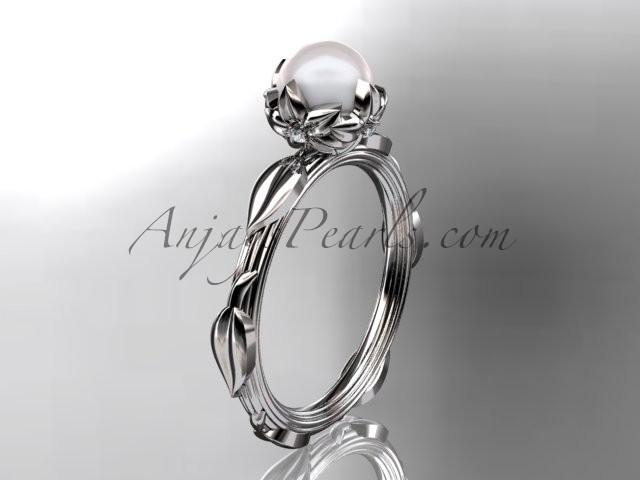 زفاف - Platinum diamond pearl vine and leaf engagement ring AP290