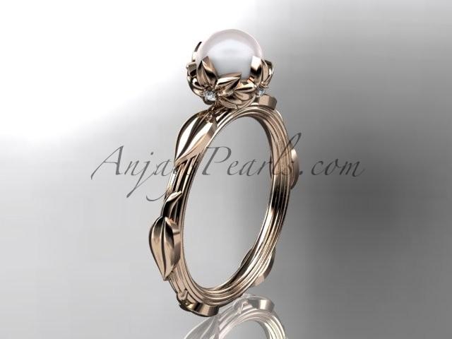 Wedding - 14k rose gold diamond pearl vine and leaf engagement ring AP290