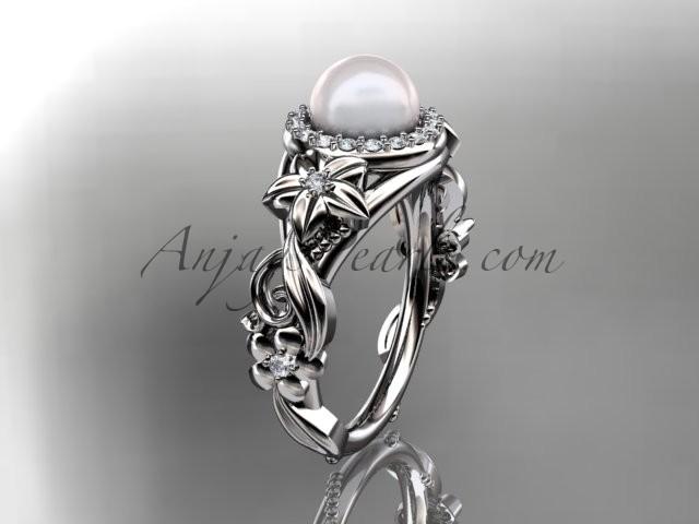 Wedding - 14kt white gold diamond pearl unique engagement ring AP300