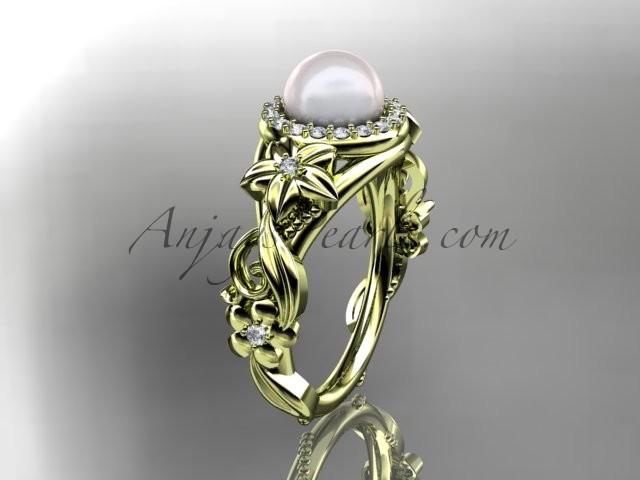 Hochzeit - 14kt yellow gold diamond pearl unique engagement ring AP300