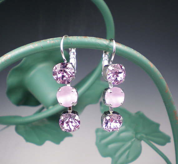 Mariage - Lavender Rhinestone Earrings Swarovski Violet & Frosted Violet Wedding Jewelry Bridesmaid Earrings