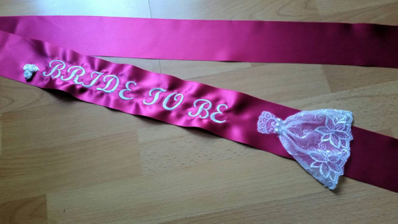 Wedding - Bachelorette party sash, bride to be sash, with wedding dress. Embroidered bride to be Hot pink bride sash Hen party sash accessory