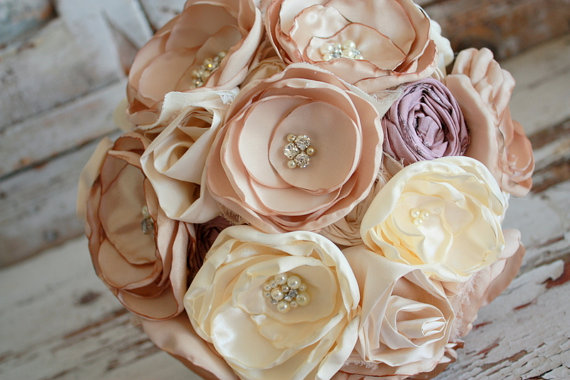 Mariage - Wedding bouquet, Champagne and dusty rose bridal bouquet, 10" fabric flower bouquet with blush, rose, champagne, ivory and rose