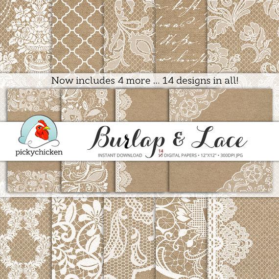 Hochzeit - Burlap Wedding Paper - Burlap & Lace digital paper rustic wedding country shabby chic fabric photography backdrop Instant Download 8046