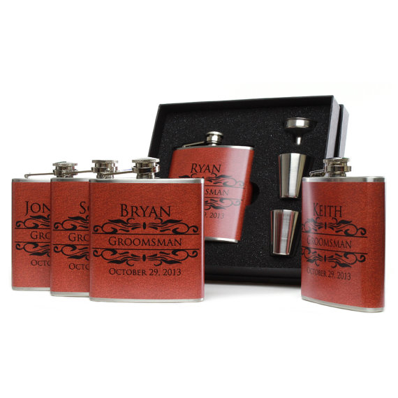 Wedding - Groomsmen Gifts // Flask Gift Set of 5 // Burnt Orange