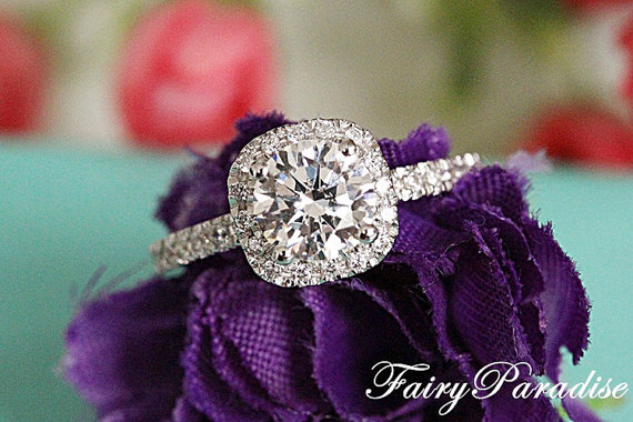 Wedding - 2 Carat Round Cut Man Made Diamond in Cushion Shaped Halo Engagement Ring / Promise rings in half pave band ( FairyParadise ) R306