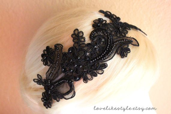 زفاف - Black  Beading Lace Headband ,  Bridal Black Headband, Bridemaid Black Lace Headband