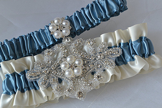 Hochzeit - Wedding Garter Set - Antique Blue Garters And Ivory Satin With Rhinestone Embellishments, Garter Belts, Bridal Garter Set