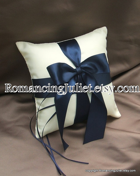 زفاف - Romantic Satin Ring Bearer Pillow...You Choose the Colors...Buy One Get One Half Off...shown in ivory/navy blue