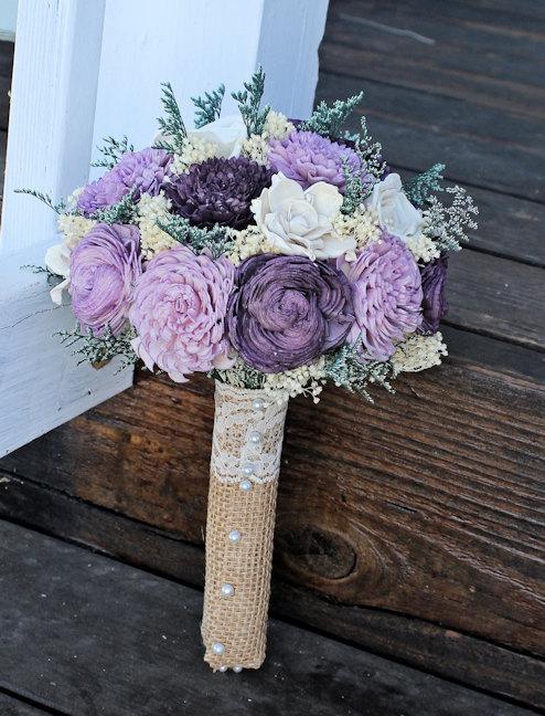Mariage - Handmade Wedding Bouquet - Shades of Purple, Small Bridal Bridesmaid Bouquet, Radiant Orchid, Keepsake Bouquet, Sola Wood Bouquet