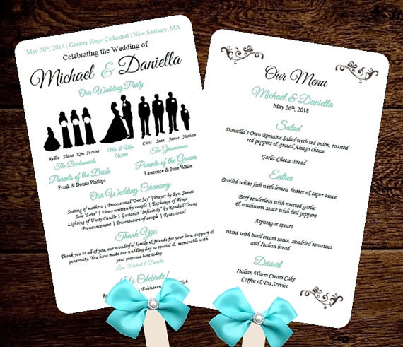 Wedding - DIY Silhouette Wedding Fan Program w MENU Printable Editable Template - Free Fonts - Choose Wedding Party Size - You Edit Text