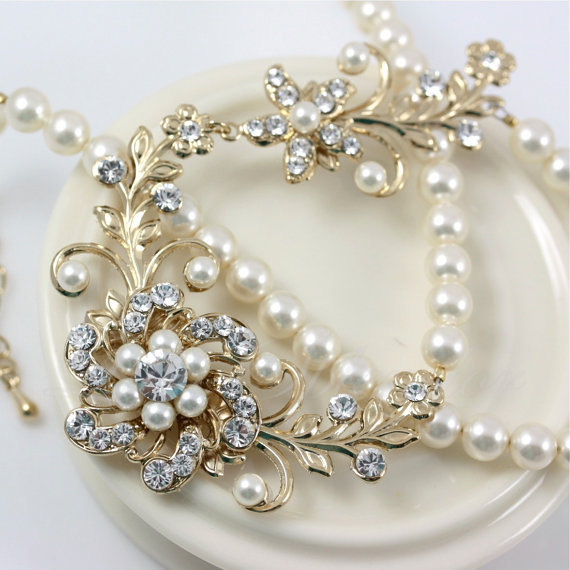 زفاف - Gold  Pearl Bridal Necklace Gold Wedding Jewelry Vintage Flower Leaves Swarovski Crystal Wedding Necklace SABINE GARDEN