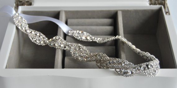 Wedding - Luxury Crystal  Rhinestone Tie on Headband headpiece, Prom Headband, Wedding Headband, ribbon headband, Bridal rhinestone head piece