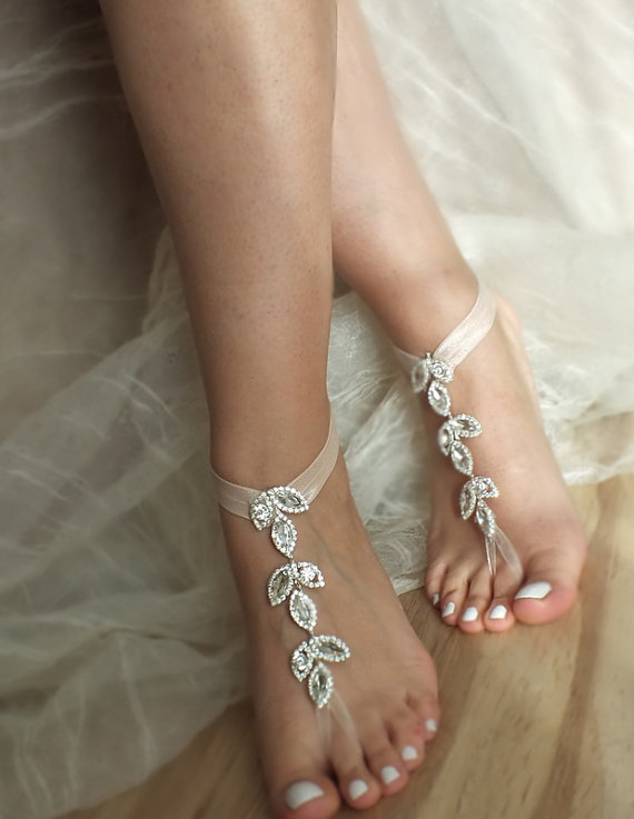Hochzeit - Rhinestone barefoot, Beach wedding barefoot sandals, FREE SHIP Barefoot Sandals, Sexy, Yoga, Anklet, Bellydance, blush flexible wrist