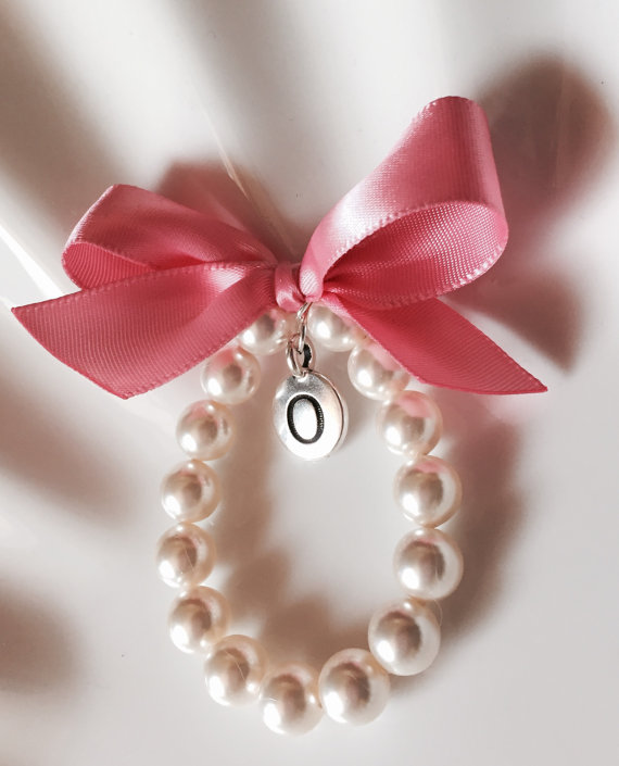 زفاف - NEW Little Girl  Pearl Bracelet with Silver initial charm  Flower Girl Bracelet, Flower Girl Jewelry and Gift