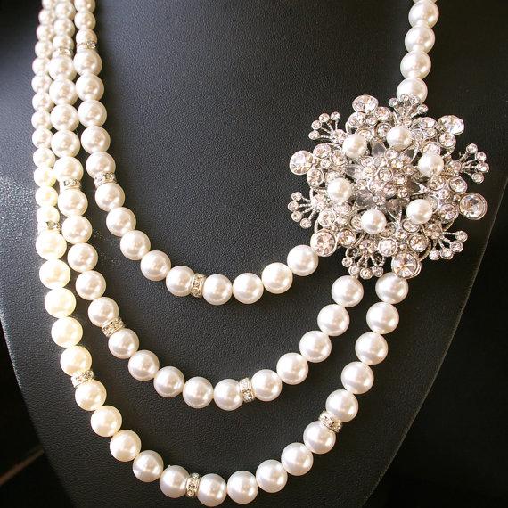 Mariage - Statement Wedding Necklace, Pearl Bridal Jewelry, Vintage Style Bridal Necklace, Rhinestone Wedding Necklace, Flower Necklace, BOUQUET
