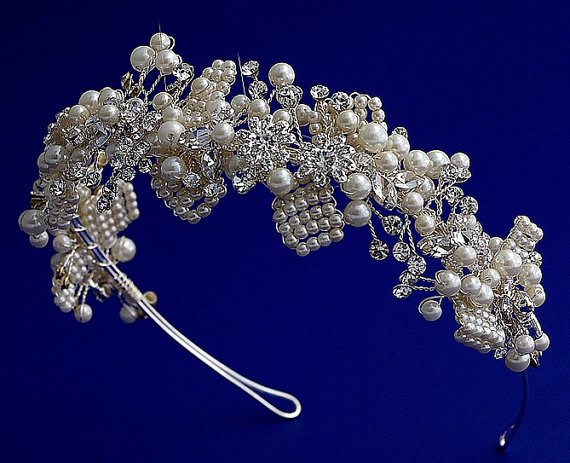Wedding - Art deco floral headpiece,  Pearl&crystal headband,  Nature inspired rhinestonel tiara, Wedding halo, Sparkling hea