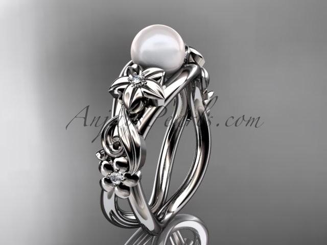 Hochzeit - Unique 14kt white gold diamond floral pearl engagement ring AP302