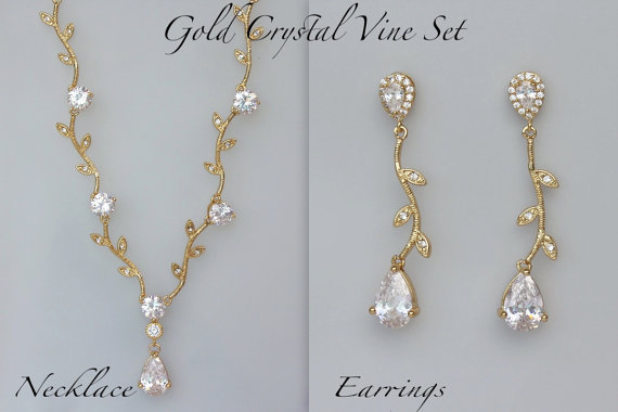Wedding - Gold Crystal Jewelry Set, Vine Jewelry Set, Gold Crystal Vine Necklace & Earrings Set,  Wedding Jewelry,