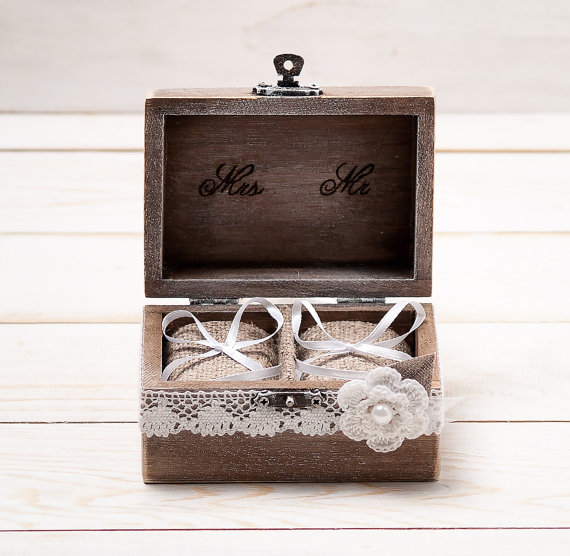 Wedding - Wedding Ring Box Wedding Ring Holder Ring Pillow Bearer Box with Shabby Chic Rose Rustic Barn Wooden Burlap and Lace Mr and Mrs