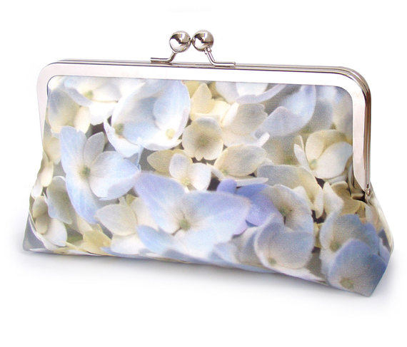 Hochzeit - Clutch bag, silk purse, flower petals, wedding purse, bridesmaid, gift for her, something blue, HYDRANGEA