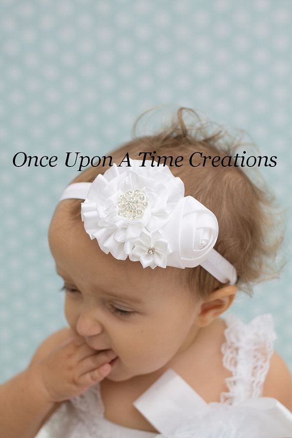 Mariage - Pure White Satin Headband - Baby Girl Holiday Dressy Hair Bow - Little Girl's Flower Christening HairBow - Baby Girls Baptism