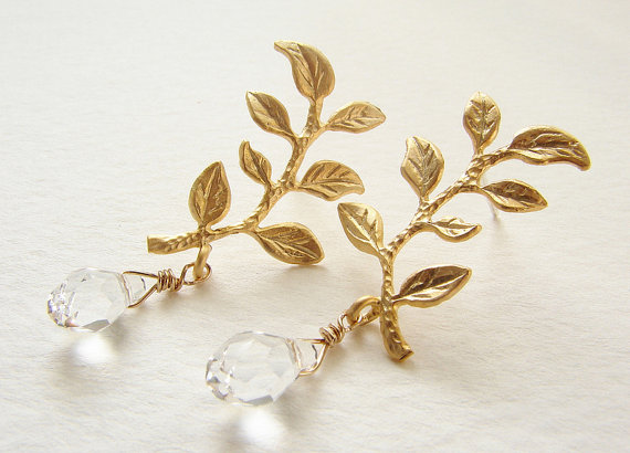 Wedding - Gold sprig studs, Bridal post earrings, Wedding jewelry laurel branch leaf drop earrings, bridal earrings