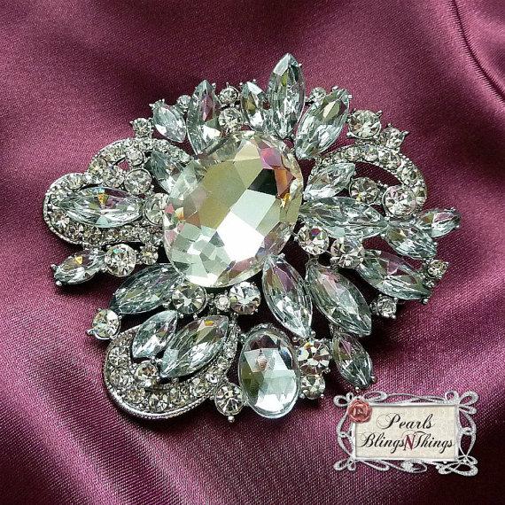 Wedding - SALE Ex-Large Crystal Pearl Rhinestone PEWTER RHODIUM Metal Brooch Embellishment Brooches Bouquet Sash Wedding Dress