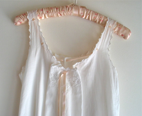 Hochzeit - Antique White Cotton Nightgown Slip/Teddy with Hand Embroidery