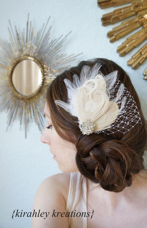 Wedding - ARRI 3 --  Gorgeous Champagne, Ivory Peacock Feather Fascinator Wedding Bridal Hairpiece  w/ Vintage Style Rhinestones and Birdcage Veiling