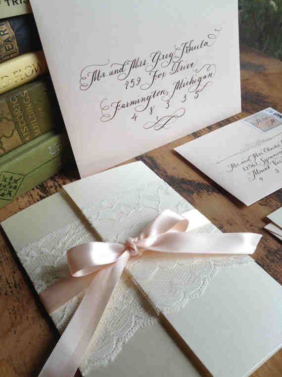 Hochzeit - Calligraphy Wedding Invitation Gatefold With Vintage Lace And Ribbon , Love No. 3 "Pemberly"