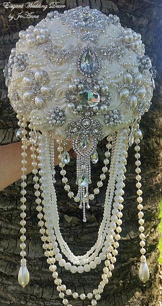 Hochzeit - CUSTOM JEWELED BOUQUET - Custom made to Order Elegant Pale Ivory Jeweled Cascading bridal Bouquet - brooch Bouquet, Pearl Bouquet