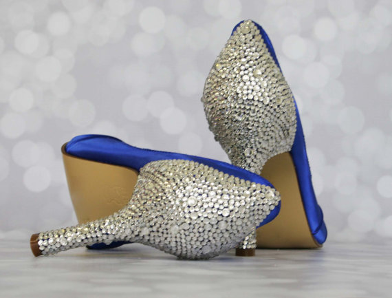 زفاف - Wedding Shoes -- Royal Blue Peep Toe Wedding Shoes with Multi-Sized Silver Rhinestone Heel and Heel Cup